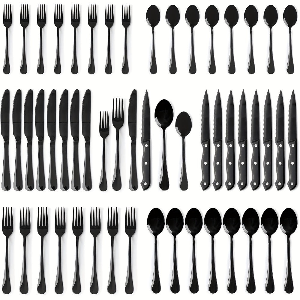 Stainless Steel Flatware Set with Steak Knives ¨C 24/48 Piece Silverware Set Service for 4 or 8, Mirror Polished Cutlery, Dishwasher Safe, Silver & Black