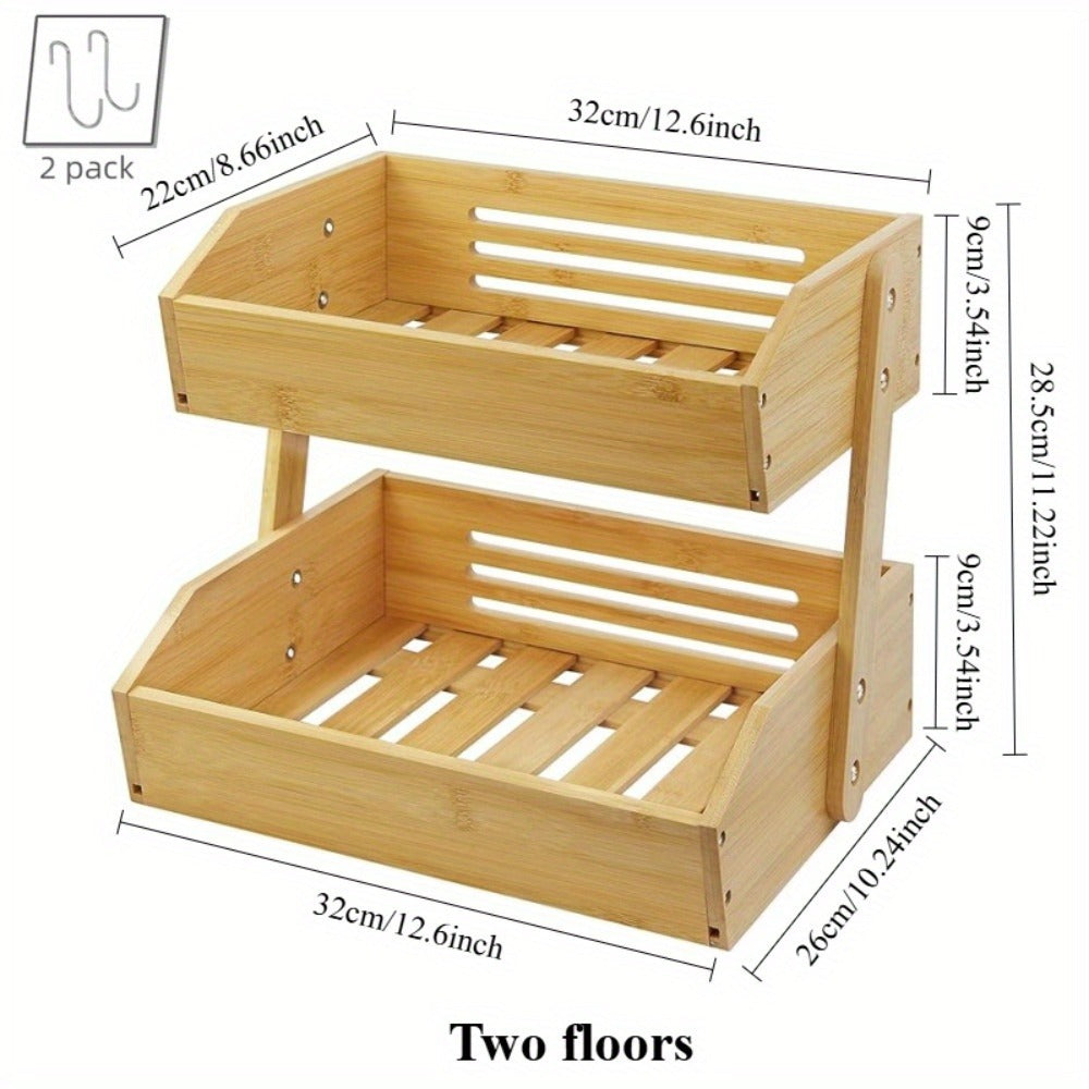 Bamboo Fruit Storage Rack 2-3 Tier with Hooks, Kitchen Counter Organizer for Fruits Vegetables Bread Spices, Freestanding Shelf Basket Display Stand