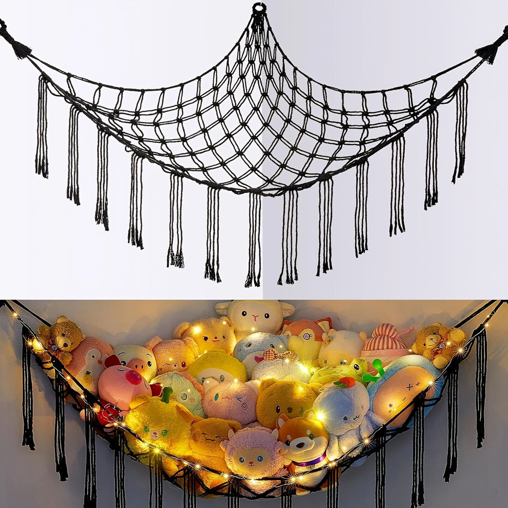 Stuffed Animal Storage Hammock with Lights Corner Hanging Toy Net Organizer for Nursery Bedroom Kids Room Decor Plush Toy Holder Christmas Halloween Easter Gift