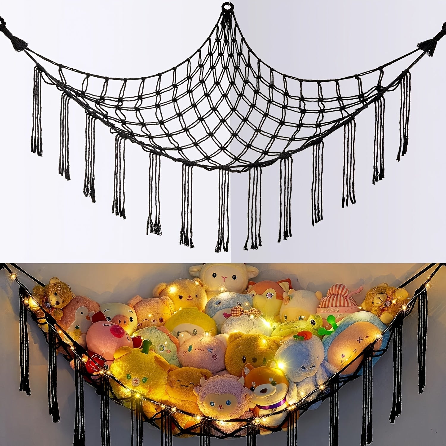 Stuffed Animal Storage Hammock with Lights Corner Hanging Toy Net Organizer for Nursery Bedroom Kids Room Decor Plush Toy Holder Christmas Halloween Easter Gift
