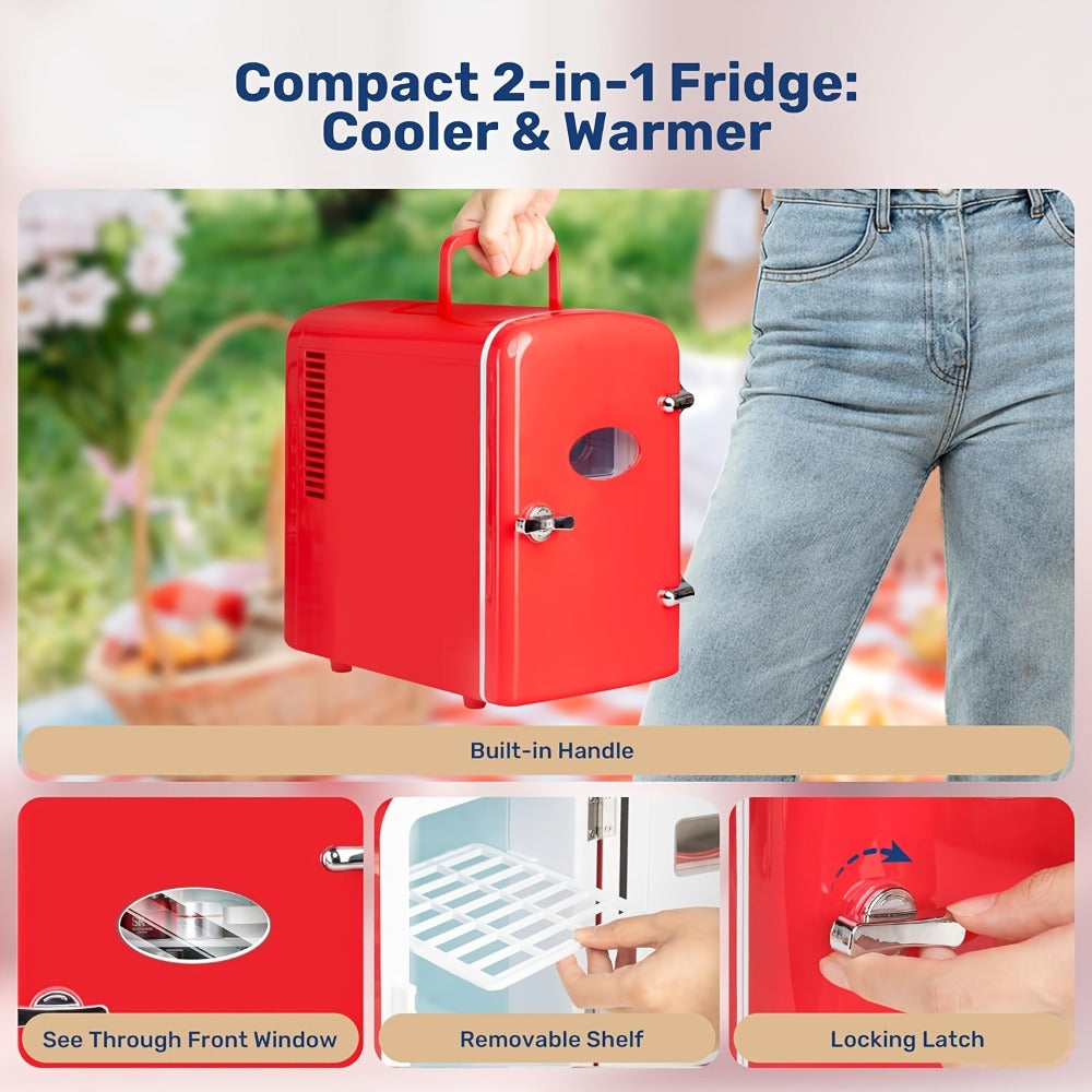 Aesthetic Mini Fridge 4 Liter with Stickers - Portable Cooler and Warmer for 6 Cans, AC/DC Compact Refrigerator for Bedroom, Office, Dorm & Car, Cute Mini Fridge Gift for Friends, Black Pink Red