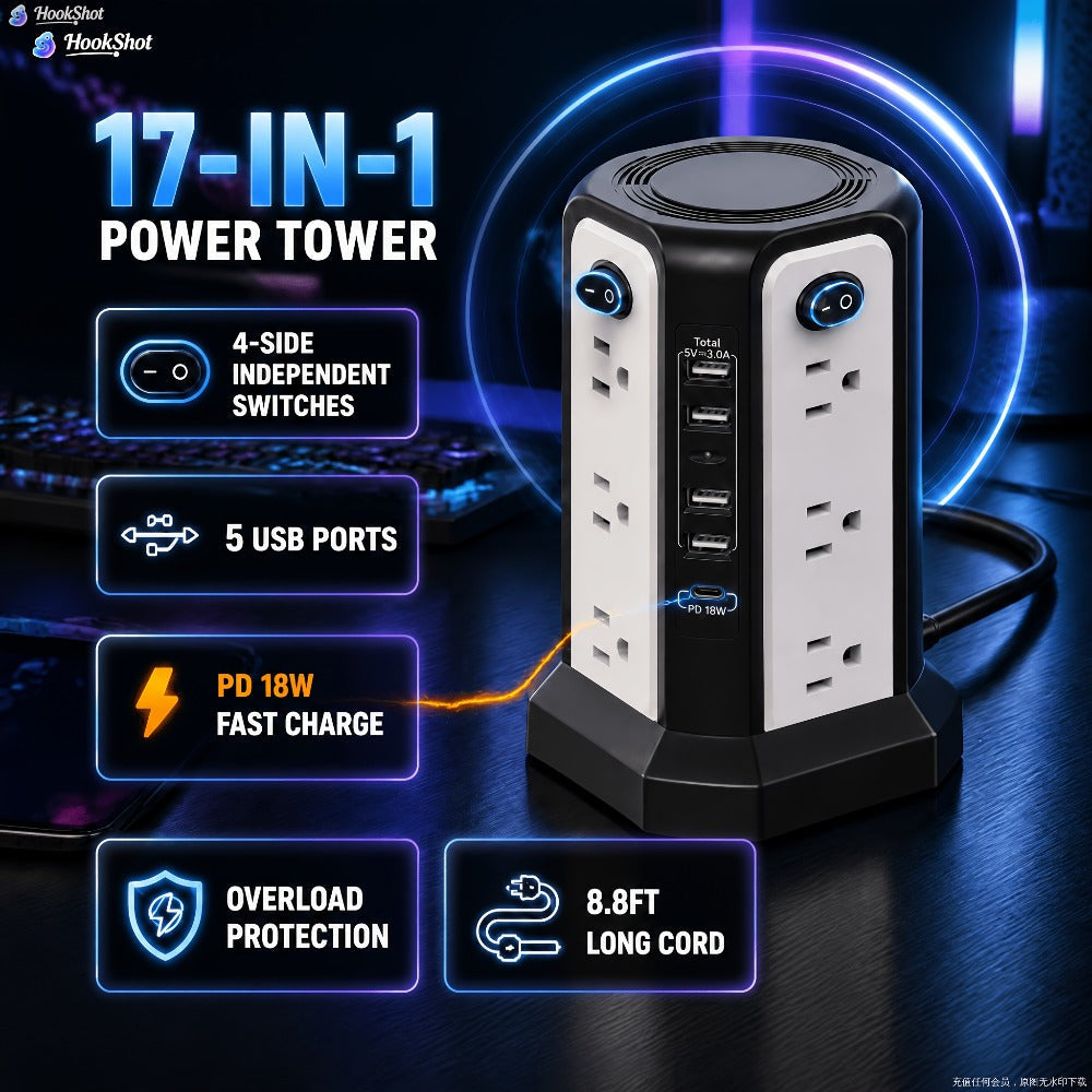 Power Strip Tower Surge Protector 16 AC Outlets 5 USB Ports PD20W USB-C Fast Charging Flat Plug Extension Cord 1500J Overload Protection Desktop Charging Station for Home Office Dorm