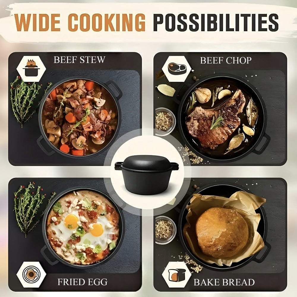 Cast Iron Dutch Oven Set 5.1QT & 7QT with Skillet Lid ¨C Pre-Seasoned 2-in-1 Cookware for Stovetop, Induction, Oven, Campfire & BBQ, Sourdough Bread Baking, Frying, Camping
