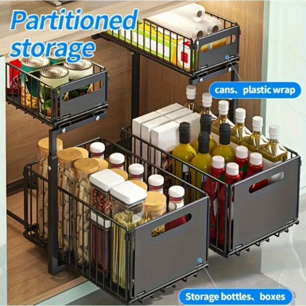 Under Sink Organizer 2-Tier Slide Out Pull Out Drawer Metal Basket Height Adjustable - Under Sink Cabinet Organizer for Kitchen Bathroom Storage, Sliding Shelf Rack for Cleaning Supplies Toiletries