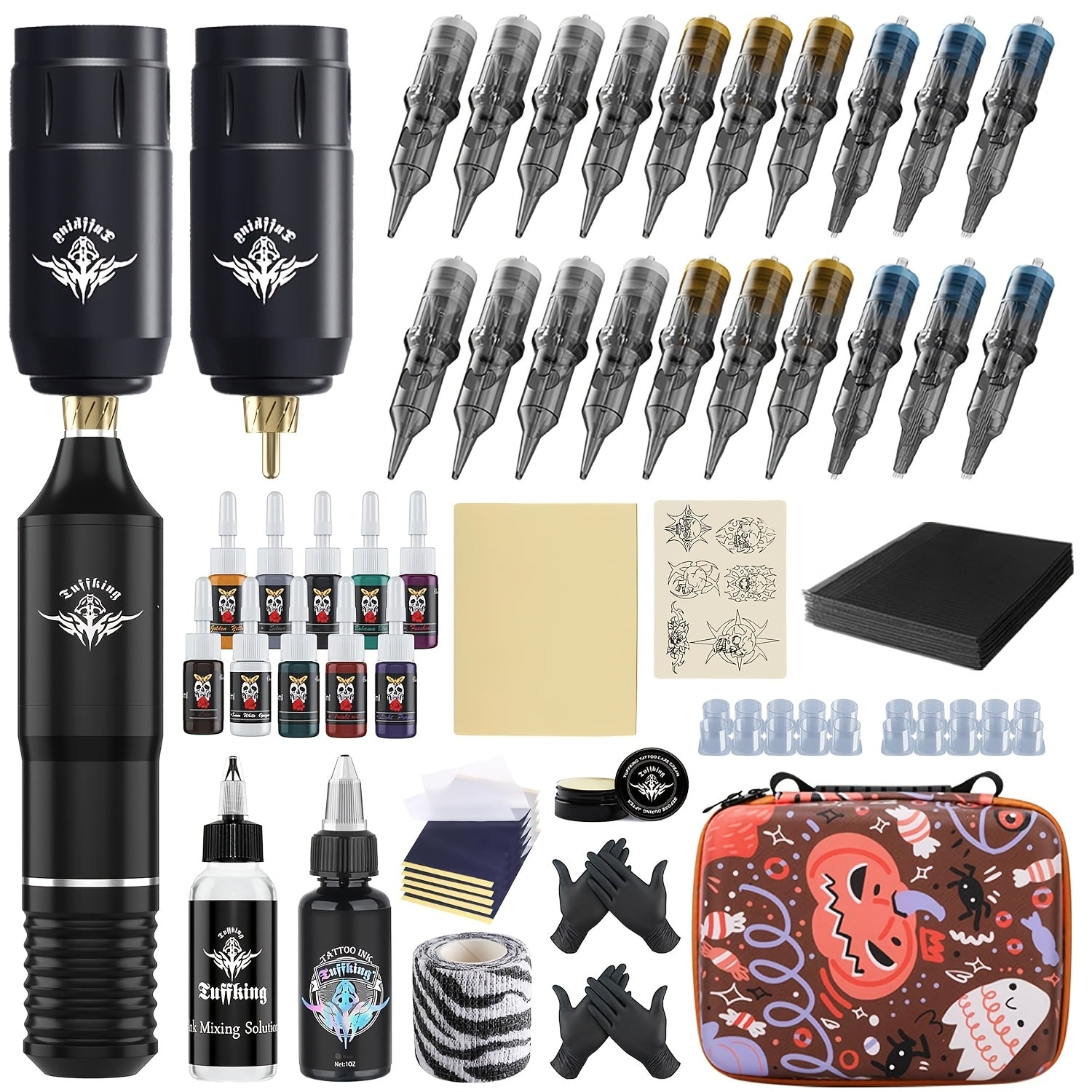 Rotary Tattoo Machine Kit 67pcs ¨C Complete Wireless Tattoo Pen Set with Cartridge Needles, Power Supply, Practice Skin, Inks & Transfer Paper for Beginners & Artists