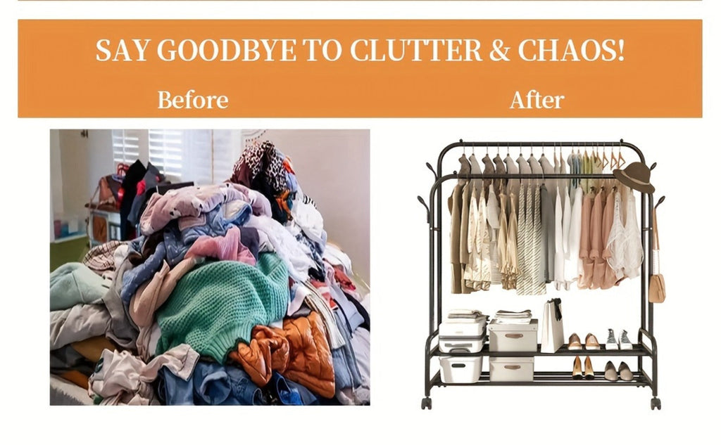 Heavy Duty Metal Clothing Rack Double Rod with Wheels Shelves and Hooks Freestanding Garment Rack 300LB Capacity Closet Organizer for Bedroom Laundry Room