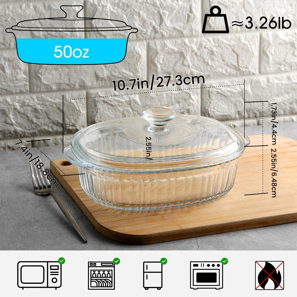 Glass Casserole Dish with Lid, Oval Ribbed Roasting Pan, Oven & Microwave Safe Covered Baking Dish, Transparent Deep Glass Cookware for Chicken Pasta Desserts, 50oz & 85oz Options