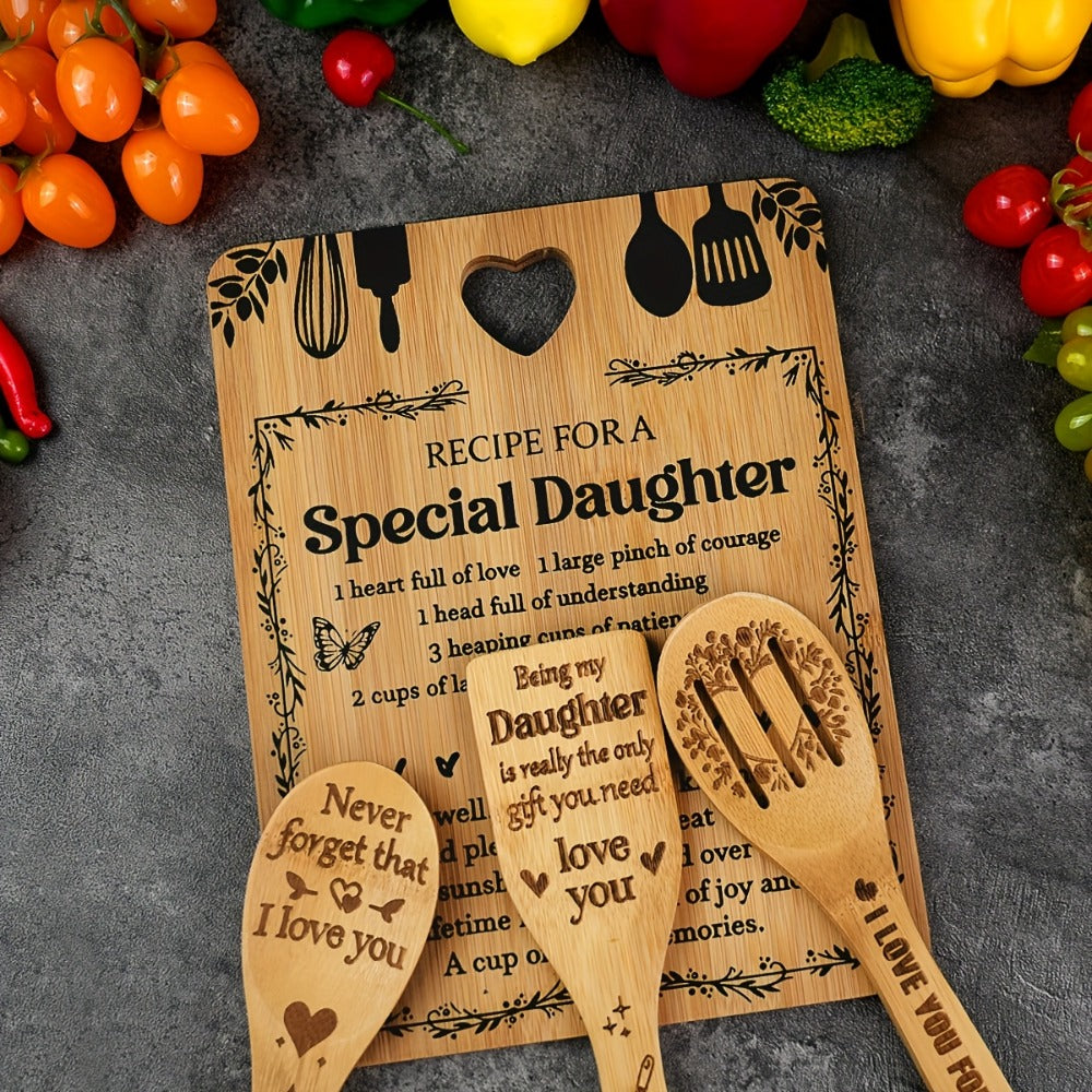Engraved Bamboo Cutting Board Gift Set for Daughter, Recipe for a Special Daughter Kitchen Utensil Set, Personalized Birthday Christmas Gifts for Daughter from Mom Dad, Unique Sentimental Kitchen Gift