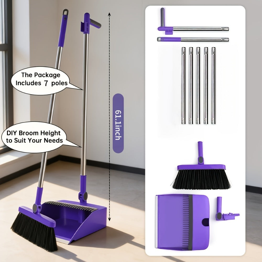 Broom and Dustpan Set with Long Handle - 2-in-1 Upright Sweeping Broom with Comb Teeth, Pet Hair Removal Floor Cleaning Tool for Home Office School Dorm Outdoor - Blue Orange White Purple Green