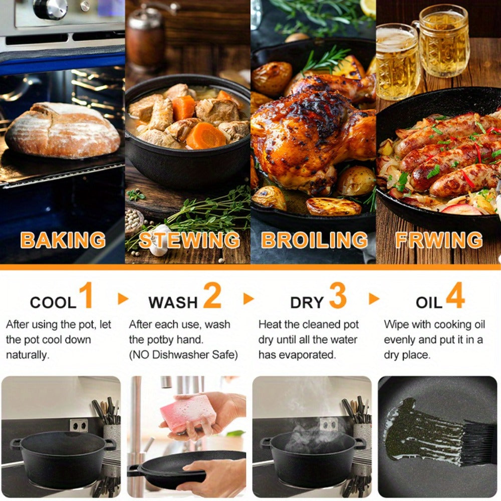 Cast Iron Dutch Oven Set ¨C 6.1QT Deep Pot + 1.9QT Frying Pot, 2-in-1 Cookware with Silicone Handles, Iron Frame & Scraper, Oven, Stovetop, Induction & BBQ Compatible, 6-Pack Bundle