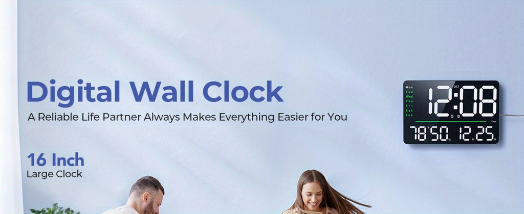Digital Wall Clock 16 Inch LED with Remote Control ¨C Large Display Shows Time, Date, Day of Week & Indoor Temperature, Modern Decor for Bedroom, Living Room, Office, Gym & Garage (White)