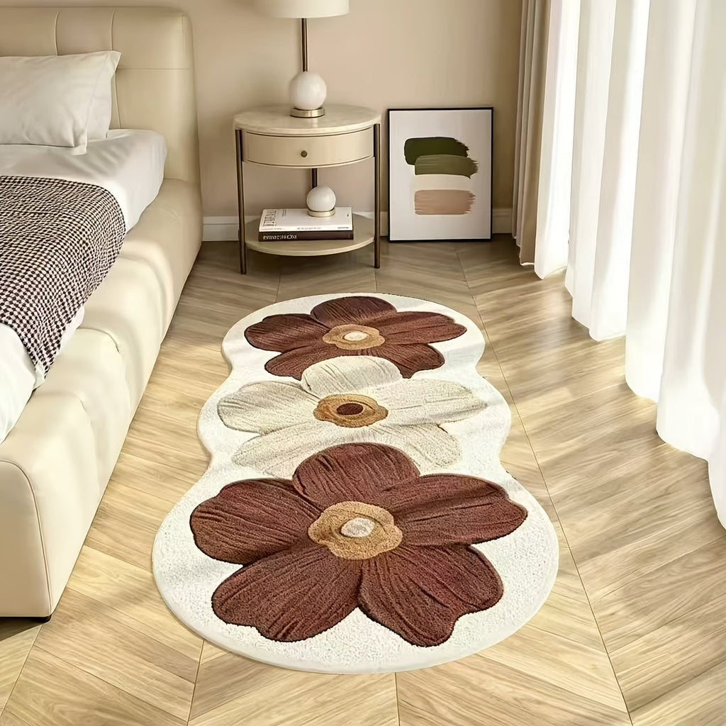 Soft Plush Area Rug Non-Slip Backing 10mm Thick Luxury Imitation Cashmere Floor Mat Machine Washable Floral Pattern for Bedroom Bedside Living Room Corridor Study Cloakroom Home Decor Navy Blue Brown