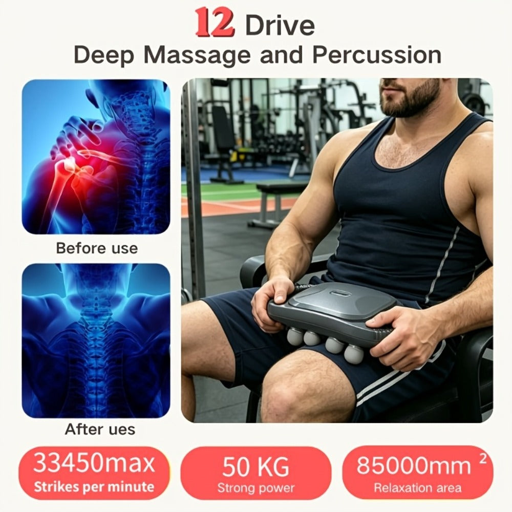 Massage Gun 12 Heads Deep Tissue Percussion Muscle Massager Set for Back Neck Shoulders Legs Foot Pain Relief Quiet Handheld Electric Body Massager