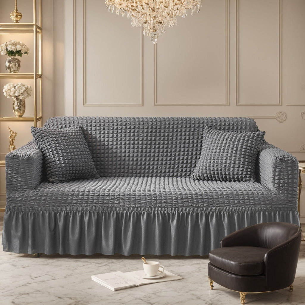 Seersucker Sofa Slipcover with Skirt High Elastic Stretch Drawstring Durable Washable Couch Cover for 1 2 3 4 Seater Armchair - 8 Colors Coffee Gray White Green Blue