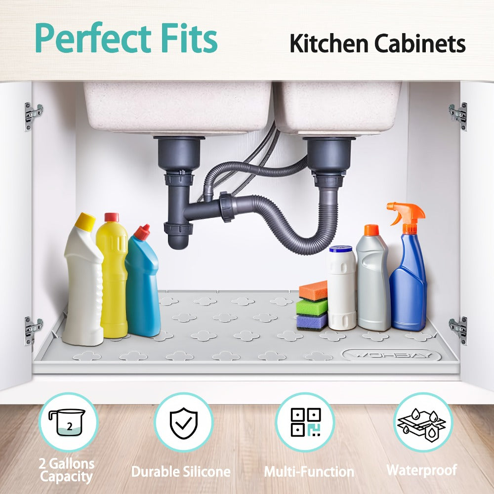 Under Sink Mat Waterproof Silicone 34¡± x 22¡± Undersink Drip Tray Liner for Kitchen Bathroom Cabinet, Holds 2 Gallons, Non-Toxic Durable Cabinet Protector with Raised Edges Four-Leaf Clover Pattern