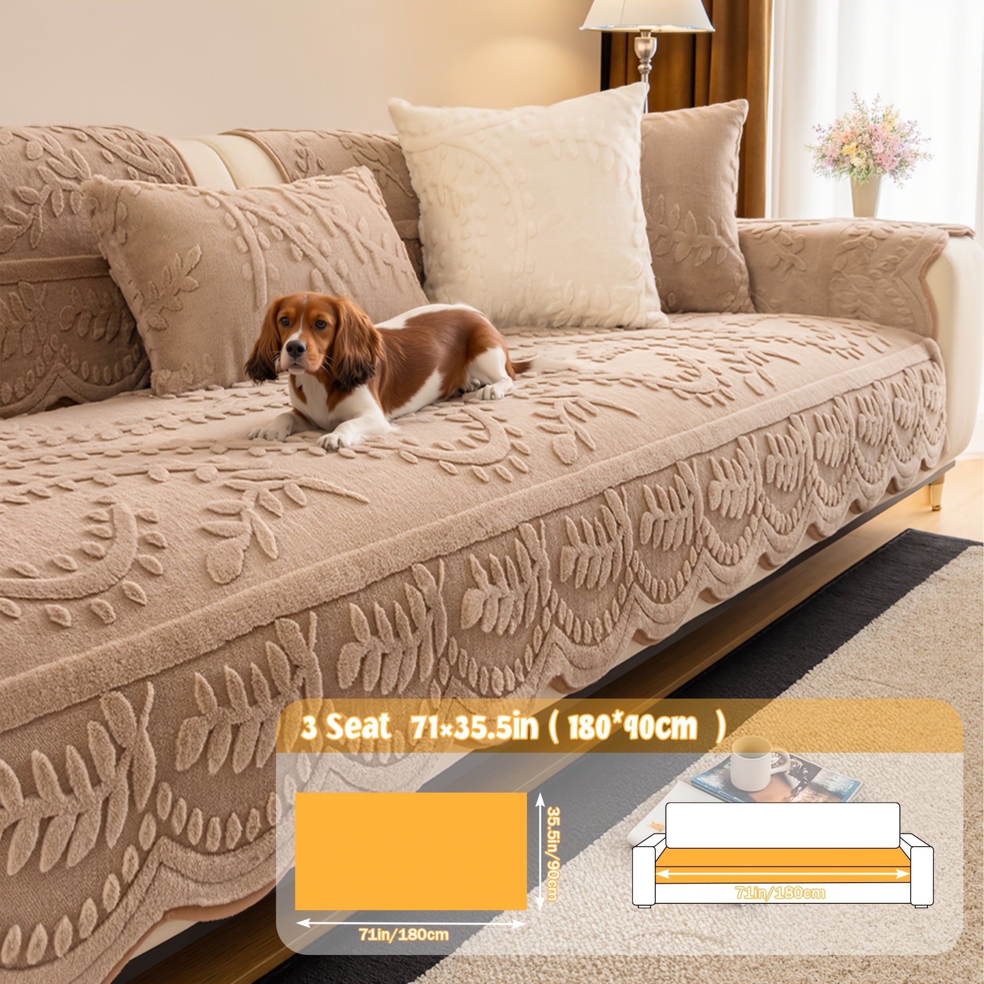 Faux Rabbit Fur Plush Sofa Cover Non-Slip | Thickened Quilted Couch Cushion, Machine Washable Pet Friendly, 1 to 4 Seat Armrest Backrest, White Light Grey Brown, Home Winter Decor
