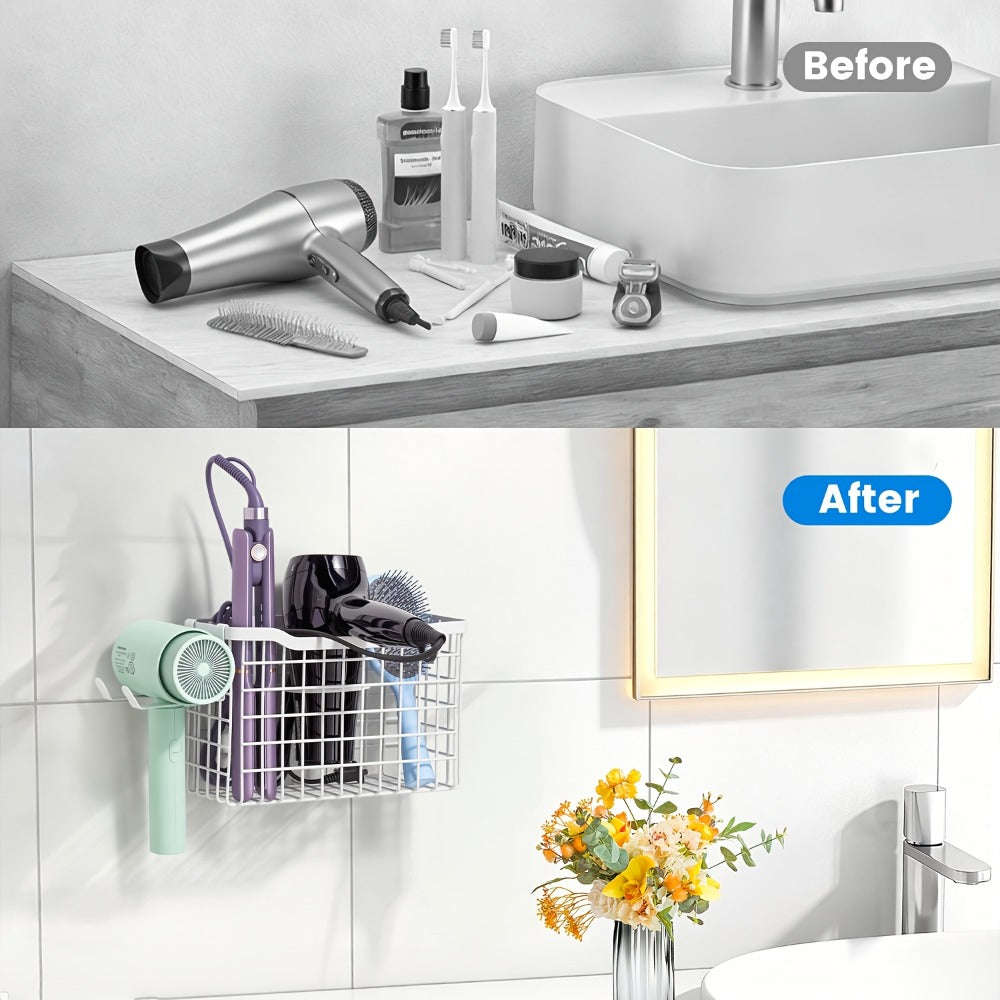 Hair Tool Organizer Wall Mounted Holder for Hair Dryer Curling Iron Straightener 3 Adjustable Heights Bathroom Storage