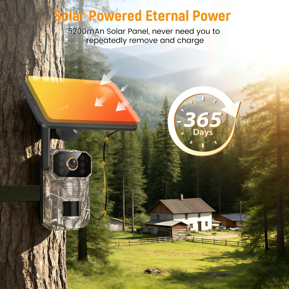 4G LTE Cellular Trail Camera with Solar Panel ¨C 4K Wildlife Monitoring Camera, PIR Motion Sensor, Infrared Night Vision, Two-Way Voice, Remote Access, No WiFi Required, for Hunting & Security (Camo/Brown)