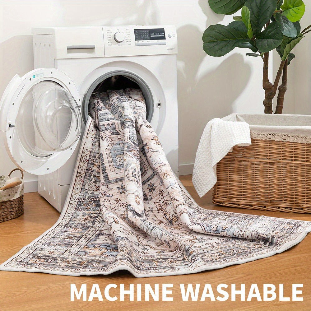 Bohemian Area Rug Ultra-Soft Non-Slip Washable Retro Foldable Carpet for Living Room Bedroom in Beige and Grey Multiple Sizes