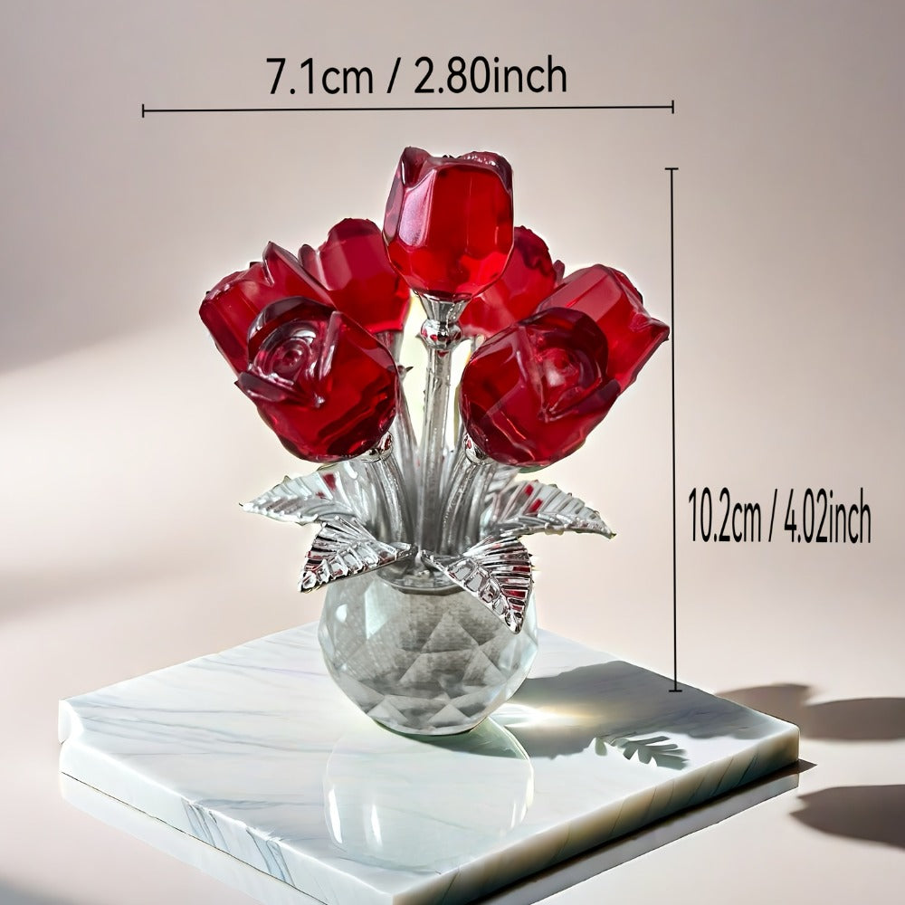 Glass Rose Sculpture Floral Home Decor ¨C Sparkling Leaves Art Figurine for Bedroom, Living Room, Valentine's Day Gift