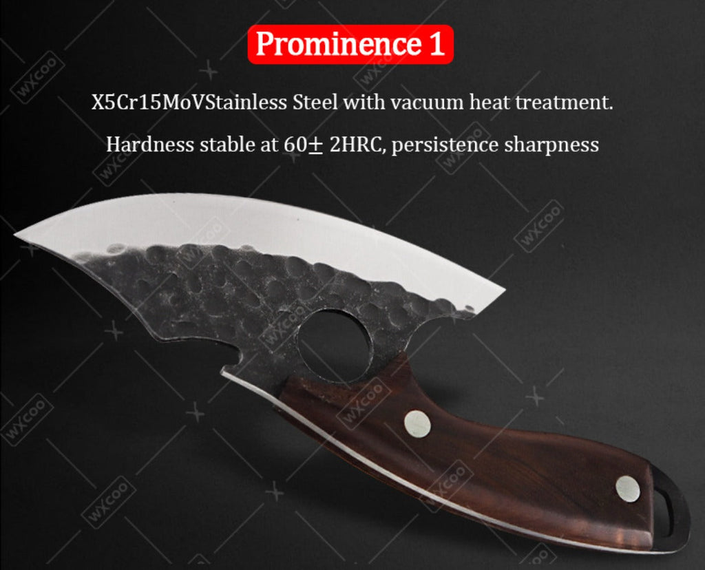 Kitchen Chef Knife Set 3 Piece Stainless Steel - Sharp Boning Knife, Utility Knife & BBQ Knife with Hammered Blade, Wood Handle, Full Tang, Multipurpose Cooking Knives for Meat Vegetables