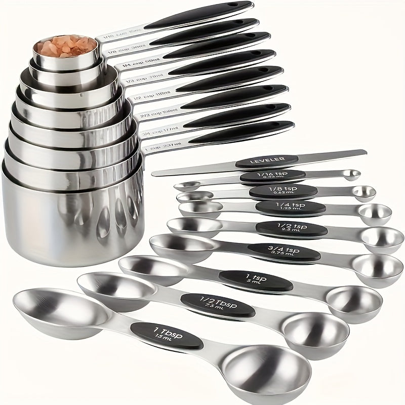 Measuring Cups and Spoons Set Stainless Steel, 8 or 17-Piece Stackable Baking Measuring Cup Set with Soft Handle for Wet and Dry Ingredients, Kitchen Baking Accessories, Black or Colorful