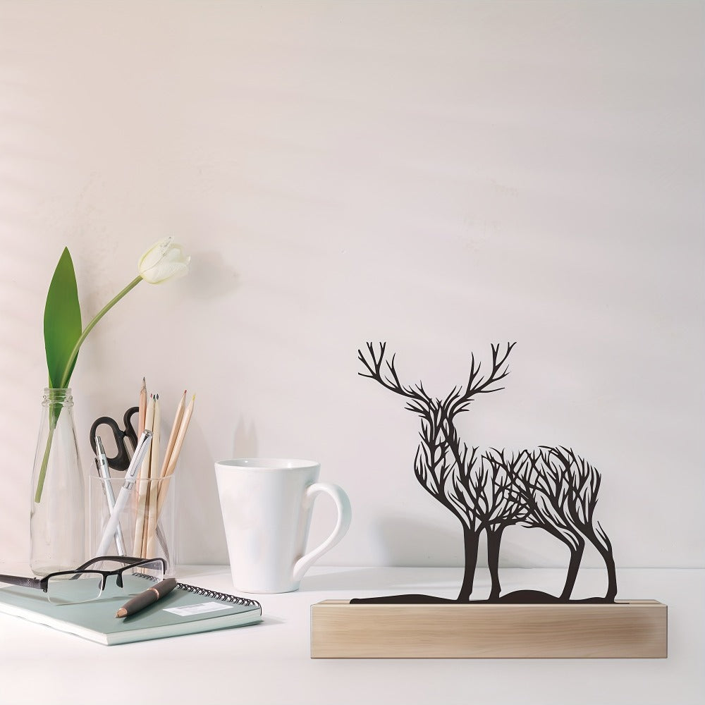 Tabletop Deer Branches Decoration with Wood Base - Iron Metal Antler Desk Sculpture for Living Room Bookshelf TV Cabinet Wine Cabinet Office Desk, Halloween Christmas New Year Home Decor Gift