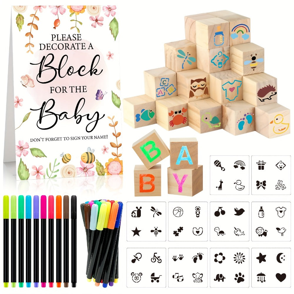 Wooden Block Stacking Game Party Kit 51pcs 30pcs ¨C Baby Shower Tumbling Tower Decoration Sign Set Classic Flower Greenery Fox Bear Style No Electricity
