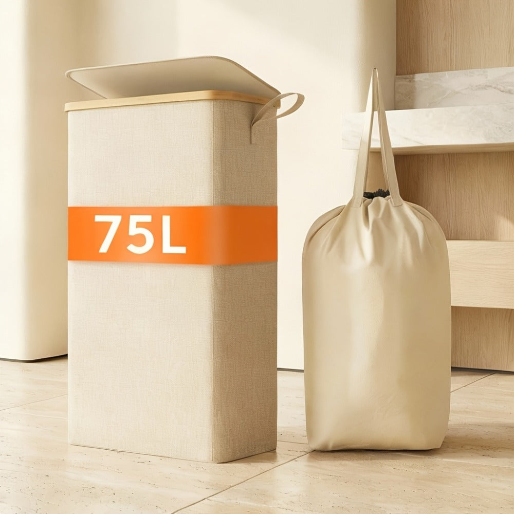 Slim Laundry Hamper with Lid & Removable Bag ¨C Foldable Narrow Clothes Basket with Bamboo Handles for Bathroom, Bedroom & Dorm ¨C 50L / 65L / 75L Space-Saving Collapsible Laundry Bin