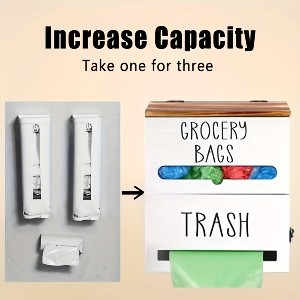 Garbage Bag Dispenser Wall Mount, Under Sink Organizer, Trash Bag Holder with Pull-Out Access, Kitchen Bag Storage Rack for Shopping Bags & Tissues, Space Saving Cabinet Organization