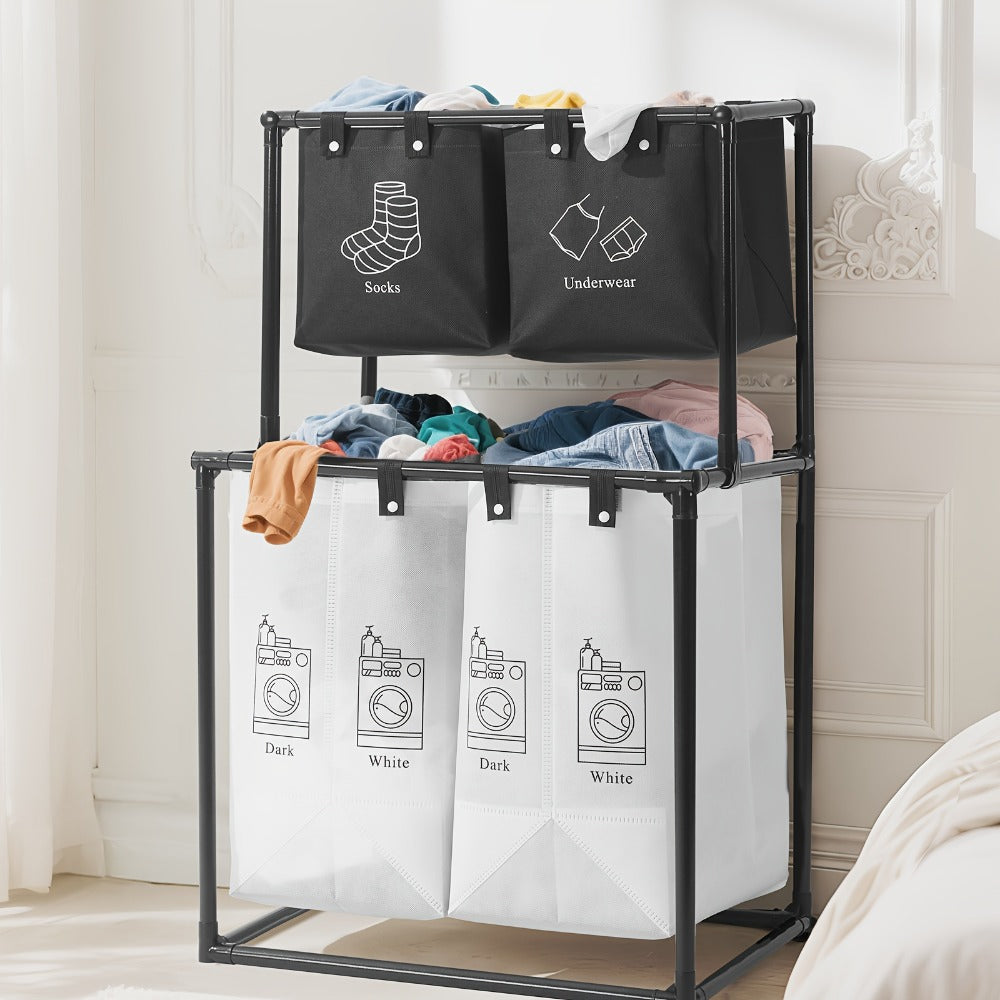 Laundry Sorter 2 Compartment Hamper ¨C 2-Tier Metal Frame Laundry Hamper with Handles, Breathable Mesh Bags & Cable Ties ¨C Space-Saving Clothes Organizer for Home, Bedroom & Apartment