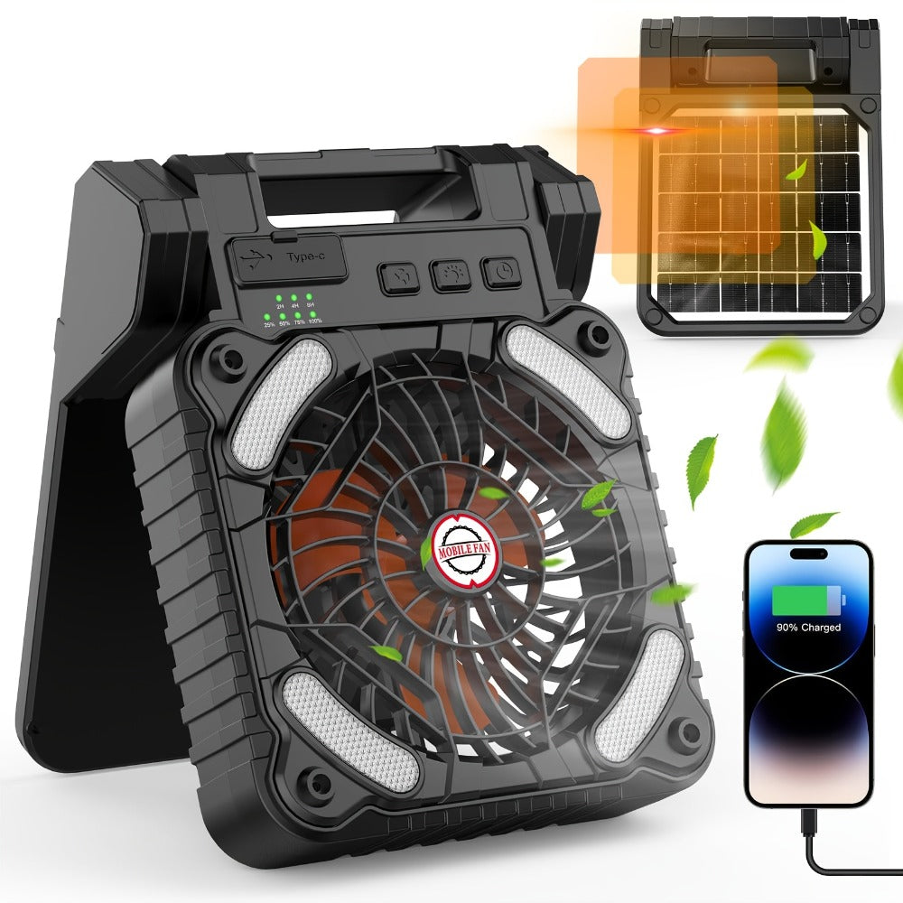 Solar Camping Fan 10400mAh Rechargeable with Solar Panel LED Light Timer USB Battery Powered 2-in-1 Fan and Light for Travel Picnic Outdoor Indoor Sleeping