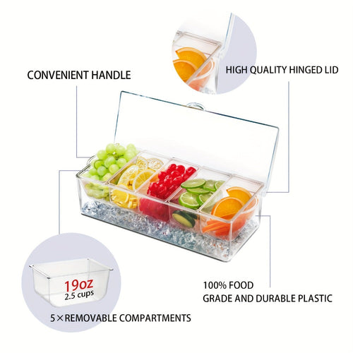 Bar Serving Tray on Ice with 5 Compartments & Lid ¨C Garnish Condiment Platter with 5 Forks & 3 Pliers, Clear Fruit Tray for Bar, Party & Entertaining