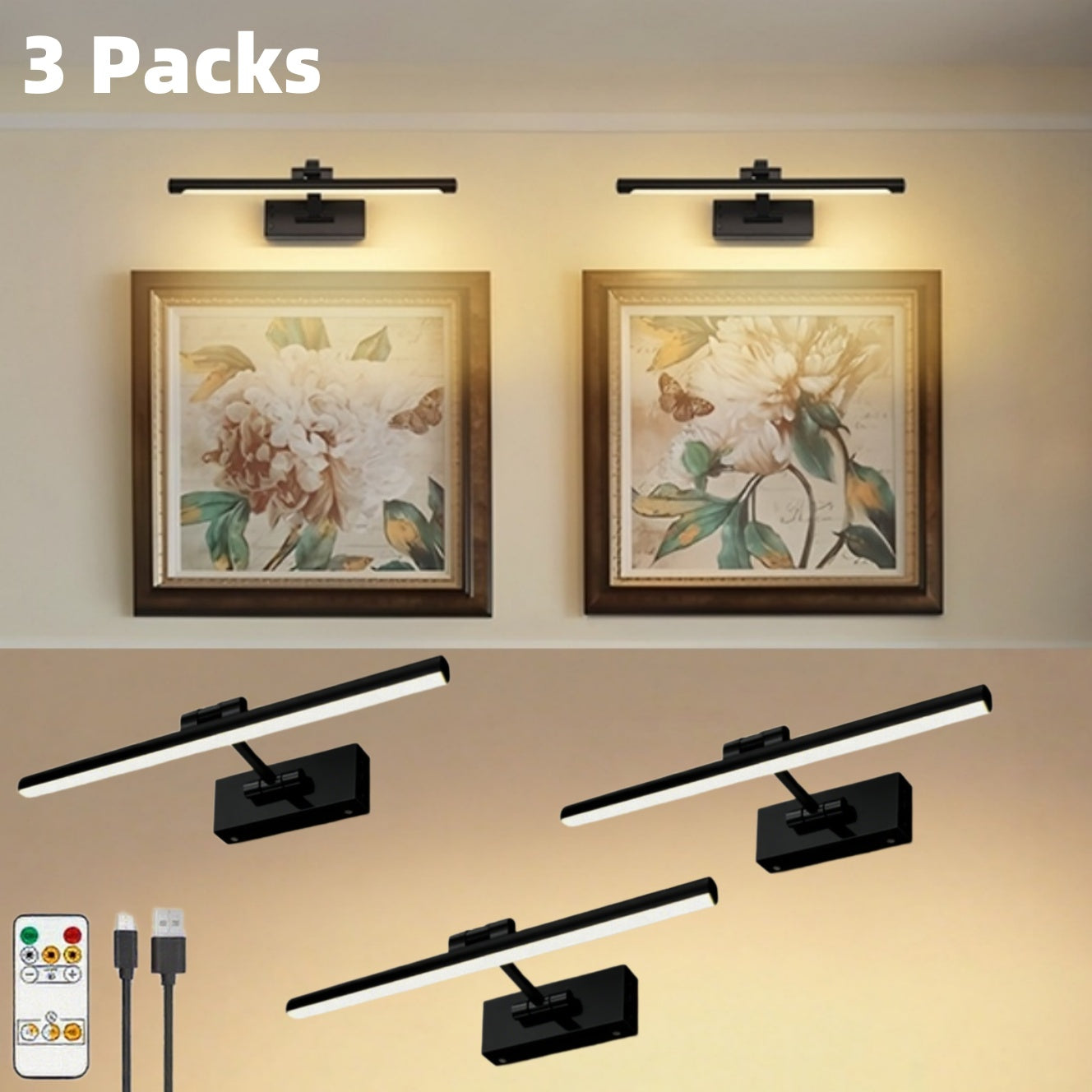 Picture Light 16 Inch Wireless Battery Powered LED Wall Light 6000mAh Rechargeable Remote Control Adjustable Brightness Art Light for Photo Frame Portrait Gallery Painting Home Decor Gold Black