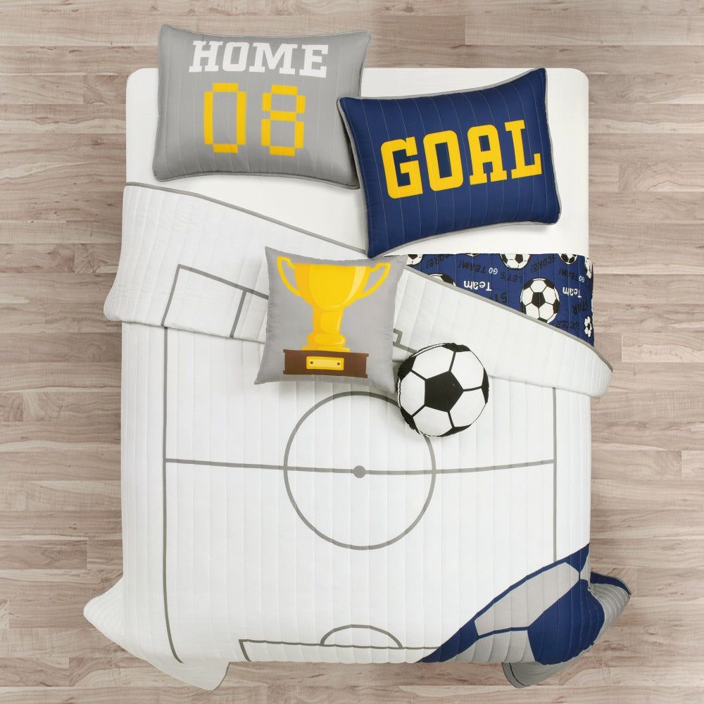 Kids Soccer Quilt Set 4 5 Piece Reversible Microfiber Bedspread Lightweight All Season Comforter with Pillow Shams Decorative Pillows Twin Full Queen