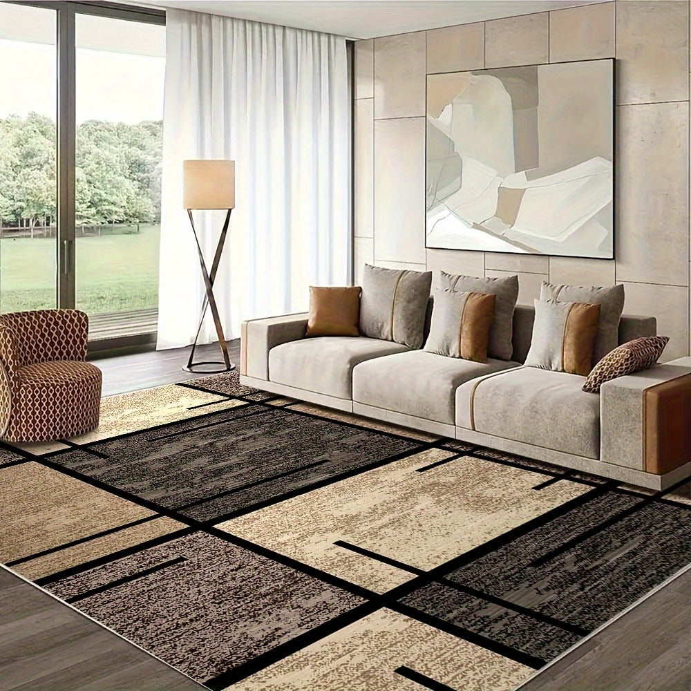 Machine Washable Area Rug Geometric Beige Brown Velvet 850 GSM Fade-Resistant Polyester Carpet for Living Room Bedroom Dining Room Office Non-Slip Rectangle Floor Rug