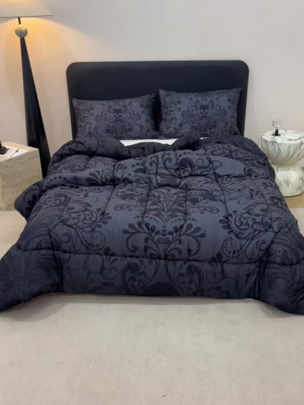 Skull Quilt Set 3pcs Gothic Victorian Comforter with 2 Pillowcases | Black Gray Digital Print Bedding Twin Full Queen King