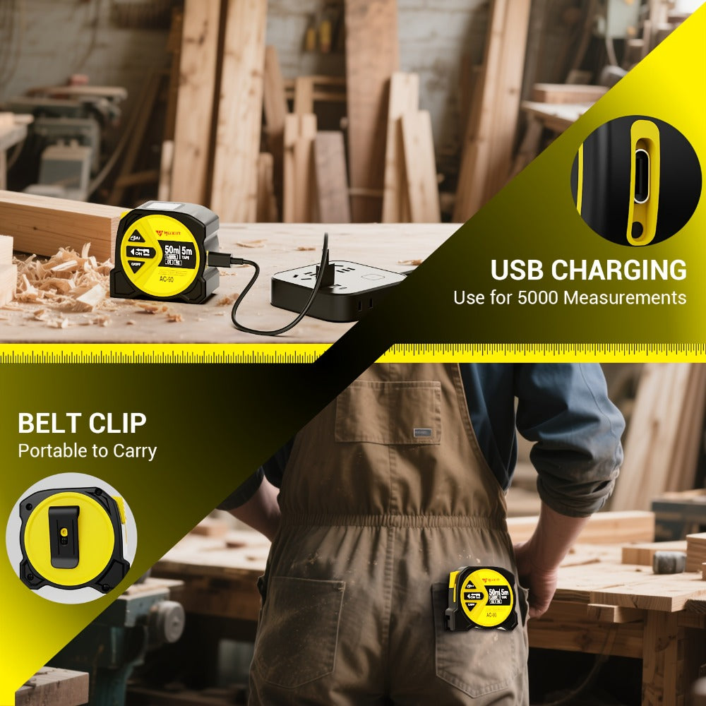 Laser Tape Measure 3-in-1 Digital Distance Meter 50M 165ft High Precision Infrared Rangefinder Smart HD Display USB Charging M In Ft Unit Switching Portable Measuring Tool