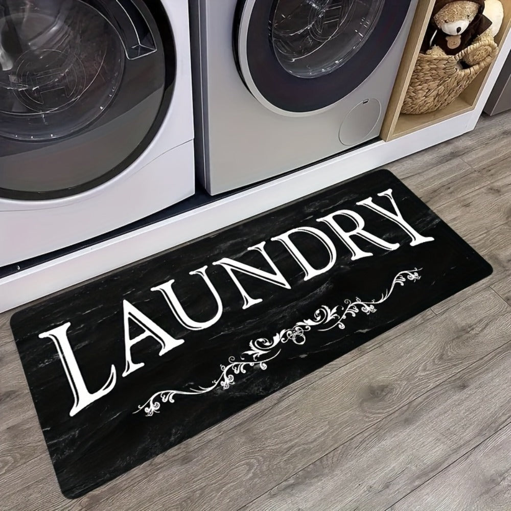 Laundry Room Mat Black & White LAUNDRY Text Non-Slip Machine Washable - Soft Polyester Cut-Pile Floor Rug for Laundry Room, Bathroom, Kitchen & Hallway, Bold Lettering Modern Farmhouse Decor