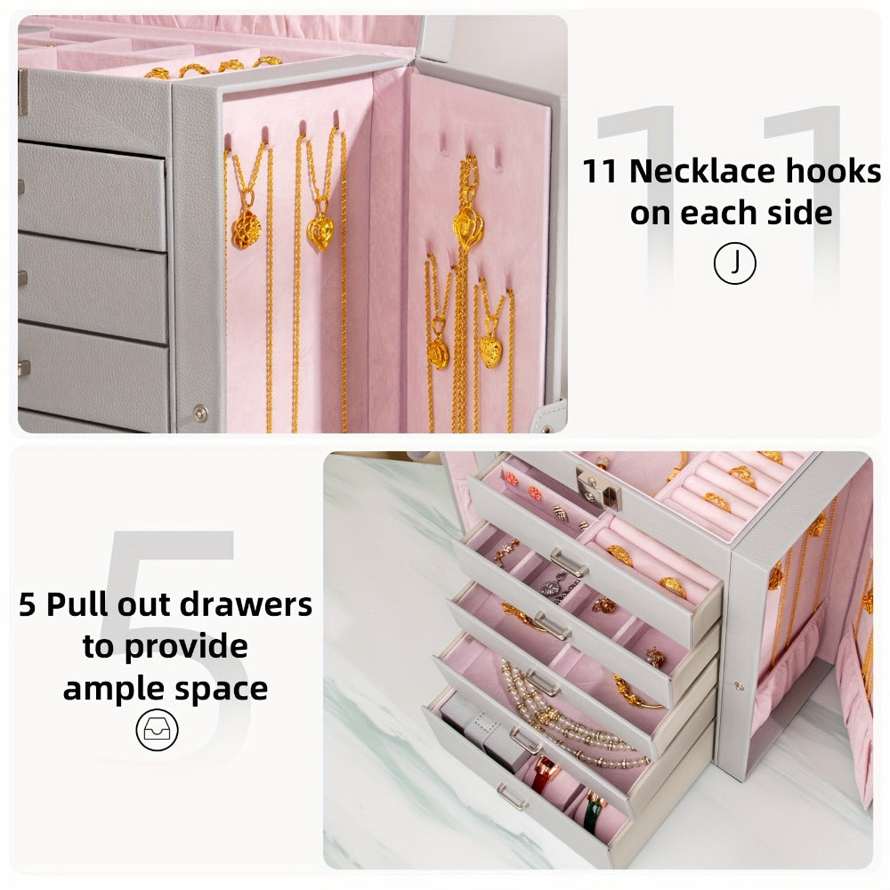 Jewelry Box 6 Tier with 5 Drawers Mirror & Lock | Large Jewelry Organizer Storage Case Gift for Women