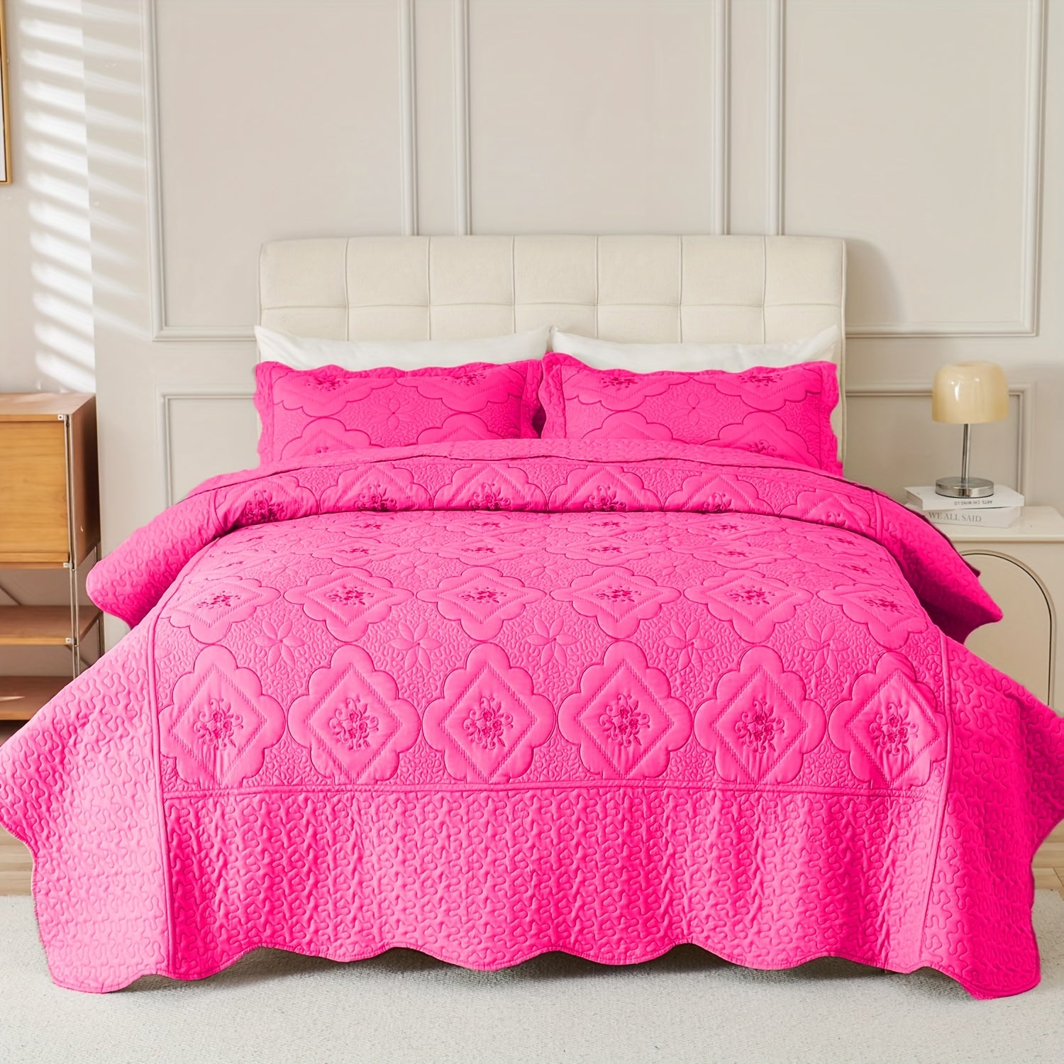 Quilt Set 3 Piece Floral Embroidery Bedspread - 100% Polyester Wrinkle Resistant Lightweight Quilted Coverlet with 2 Pillow Shams for Full Queen King Bed, Elegant Bedroom Decor in 19 Colors
