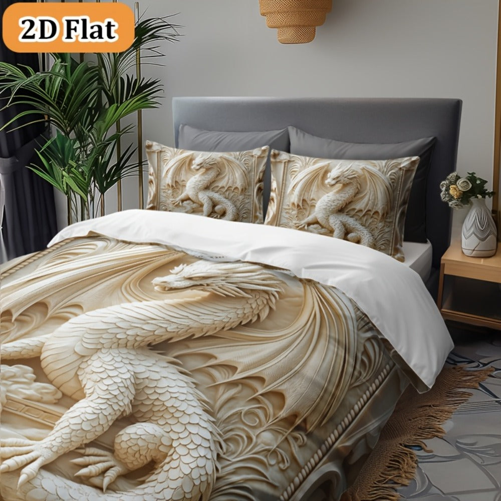 Dragon Print Duvet Cover Set 3-Piece ¨C Boho Dragon Totem Bedding, Soft Polyester Comforter Cover with 2 Pillowcases, Twin Full Queen King, Dorm Room Decor