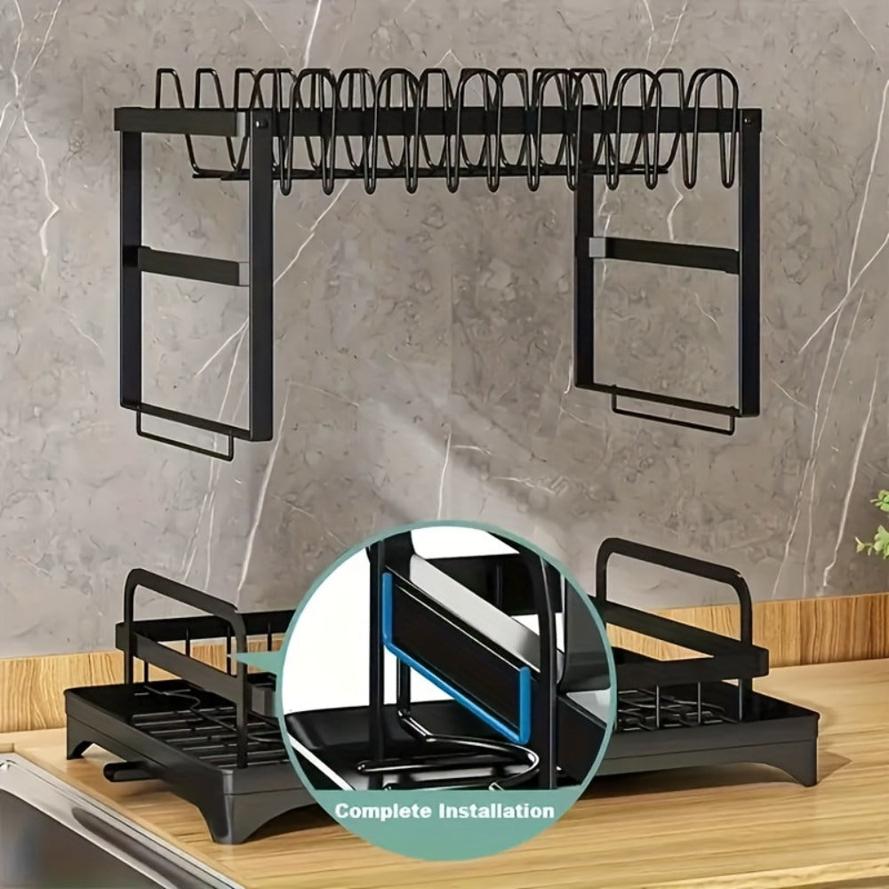 Dish Drying Rack 2 Tier with Drainboard for Kitchen Counter Metal Dish Drainer with Utensil Holder Cups Organizer Space Saving Kitchen Drying Rack Black White