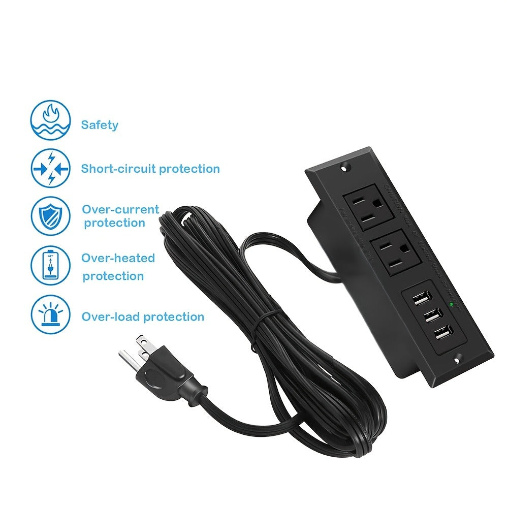 Recessed Power Strip Flush Mount Desk Outlet - 2 AC Outlets & 3 USB-A Ports, Desktop Charging Station with LED Indicator Light & 4.92FT Cord for Side Table, Sofa Table, Nightstand & Home Office