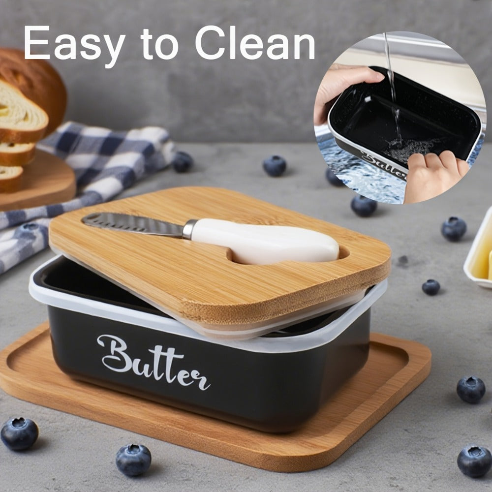 Butter Dish with Bamboo Lid & Knife, Iron Airtight Butter Keeper & Cheese Storage Box ¡ª Large Capacity Kitchen Counter Butter Container | Holiday Gift | Black, Gray, Green