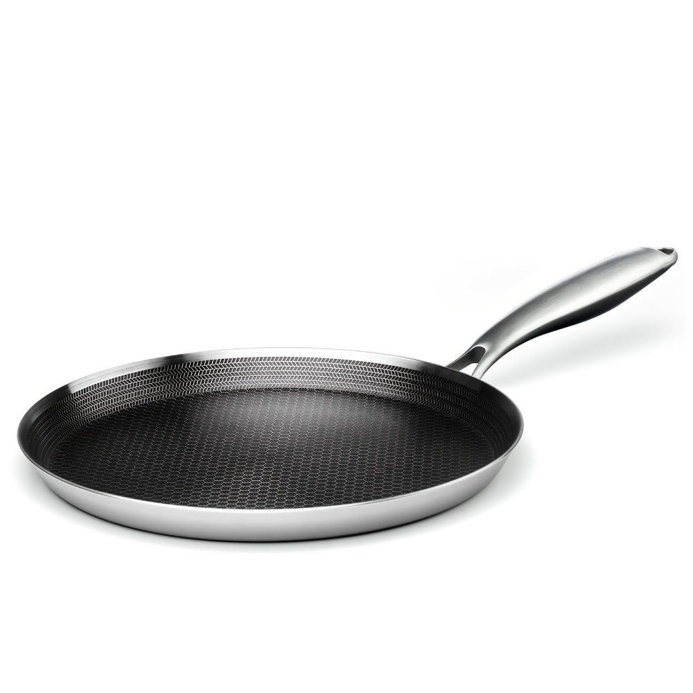 Stainless Steel Crepe Pan 11 Inch Dual Honeycomb Non-Stick PFOA-Free with Lid ¨C Triply Steel Pancake Griddle for Tortillas | Induction Gas Electric Ceramic Compatible Home Camping BBQ Cookware