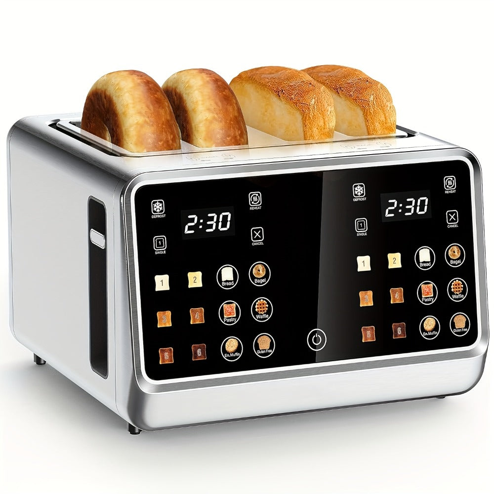 4-Slice Digital Smart Toaster with Touchscreen | Dual Control Panel, Single Slot Toasting, Timer, Reheat & Defrost Functions for Bagels, Bread & Waffles ¨C Stainless Steel Kitchen Essential