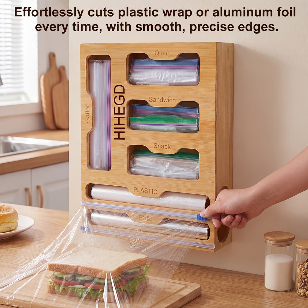 Bamboo Wrap Dispenser 6-in-1 Kitchen Organizer ¨C Built-In Cutter, 6-Grid Storage Box for Plastic Wrap, Aluminum Foil & Bags, Space-Saving Drawer Organizer for Pantry & Kitchen Counter