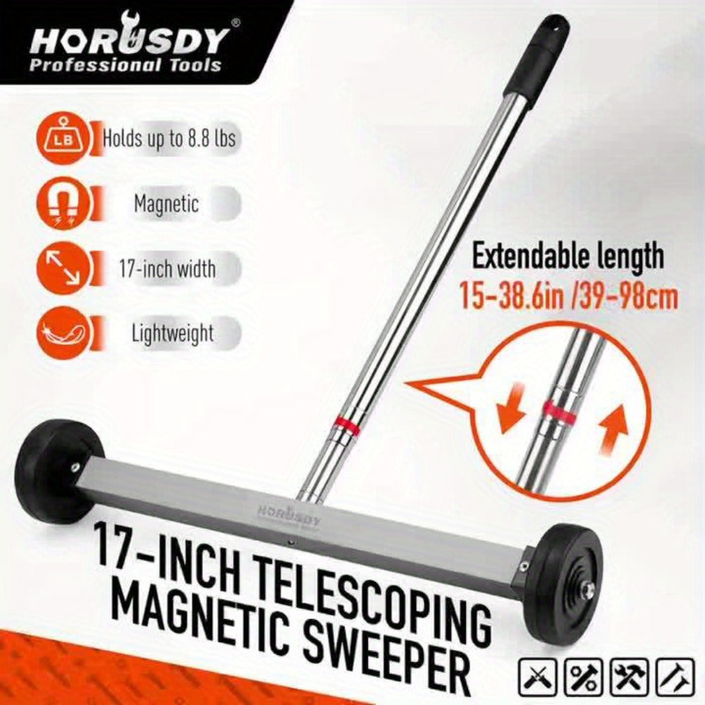 Rolling Magnetic Sweeper 17-Inch with Wheels ¨C Heavy Duty 8.8lb Capacity Telescoping Adjustable Handle 15¨C38 Inch Picks Up Screws Nails Nuts for Garage Workshop Construction