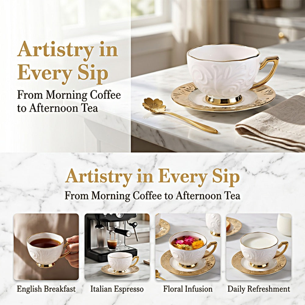 Espresso Cups Set 12 Pcs ¨C 7.44 Oz Small Ceramic Cappuccino Cup Set with 6 Cups, 6 Trays & 6 Spoons ¨C Elegant Coffee & Tea Cup Set with Handles ¨C Perfect Gift for Coffee Lovers